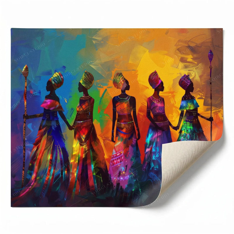 Rolled canvas print of five African women in colorful dresses, curled corner shown, ready for custom framing