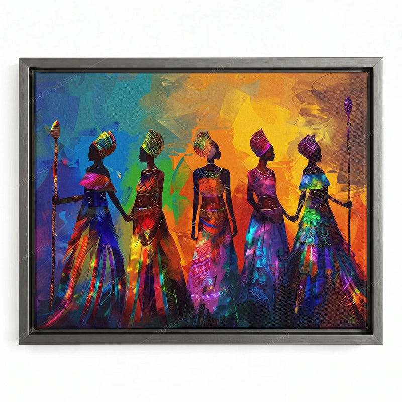 African canvas art in a silver floating frame, five tribal women in glowing blue, purple and orange dresses