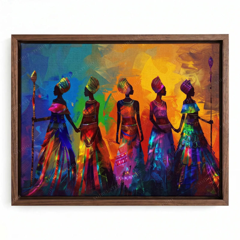 African canvas wall art in a walnut floating frame, five women in jewel-tone dresses holding hands, rainbow backdrop