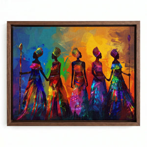 African canvas wall art in a walnut floating frame, five women in jewel-tone dresses holding hands, rainbow backdrop