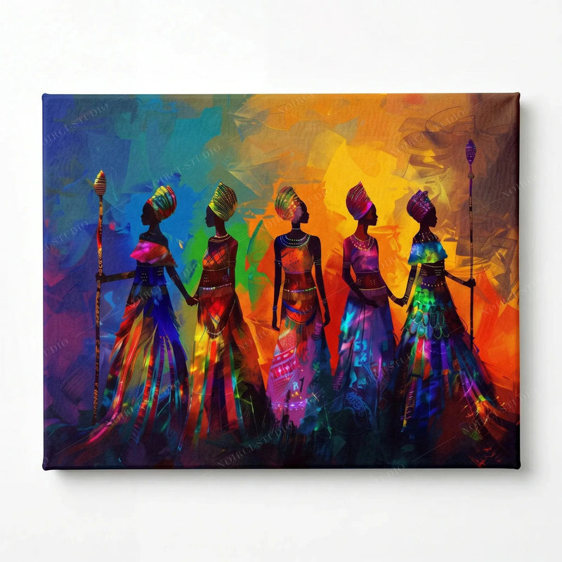 Stretched canvas, ready to hang, five African women with staffs in bright headwraps against a rainbow painted sky