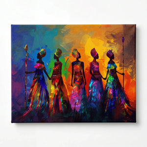 Stretched canvas, ready to hang, five African women with staffs in bright headwraps against a rainbow painted sky