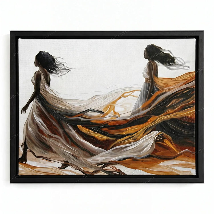 African American art for the wall in a black floating frame, two women in white gowns with amber silk behind them