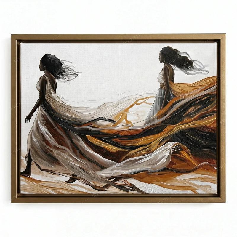 African canvas wall art in a gold floating frame, two women in flowing dresses with copper and black ribbons