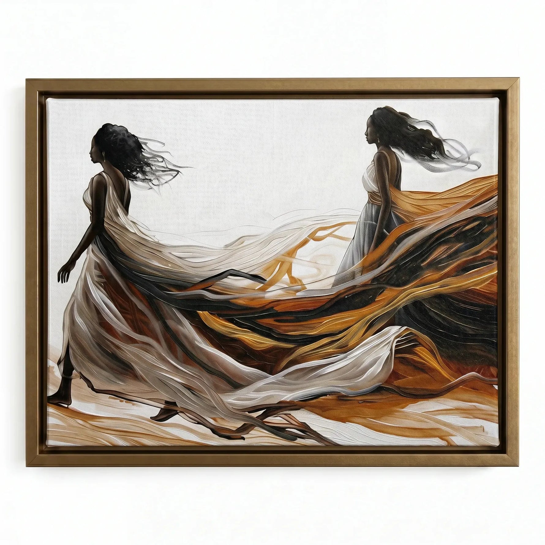 African canvas wall art in a gold floating frame, two women in flowing dresses with copper and black ribbons