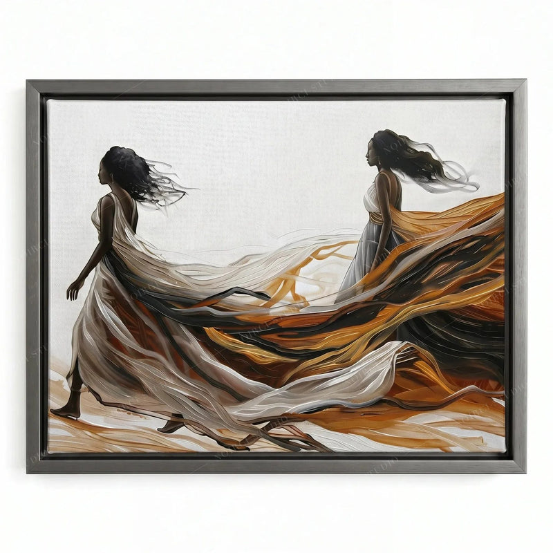 African wall decor in a silver floating frame, Black women in windswept gowns of amber, ivory and umber