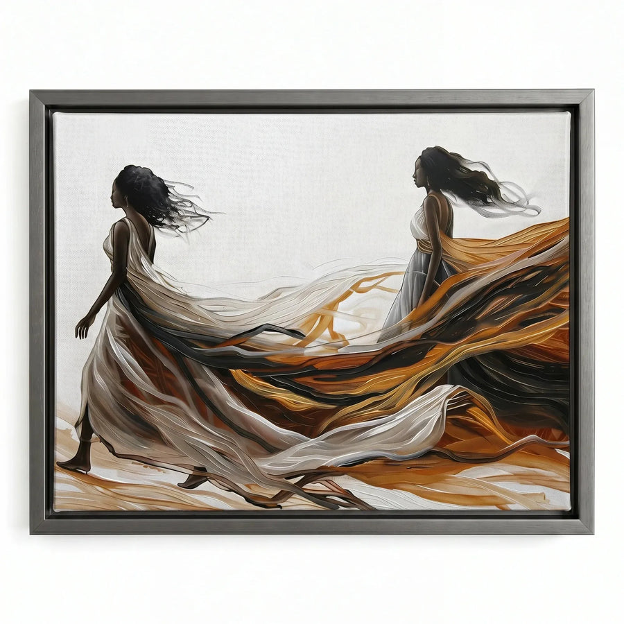 African wall decor in a silver floating frame, Black women in windswept gowns of amber, ivory and umber