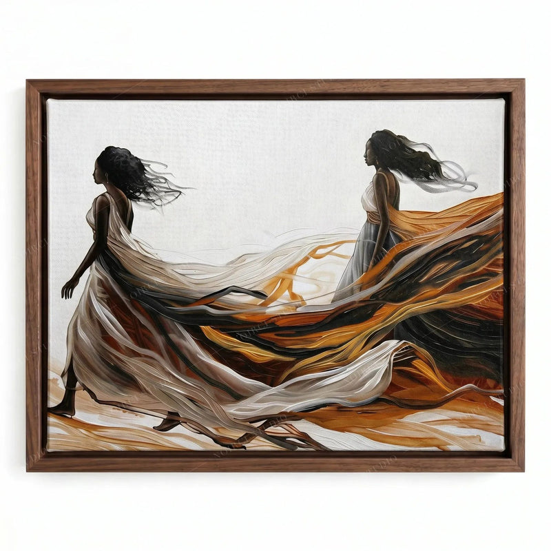 African wall art in a walnut floating frame, abstract Black women walking with waves of rust and cream fabric