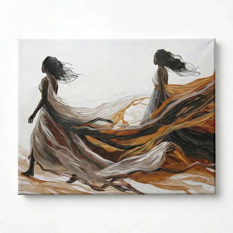 Stretched canvas, ready to hang, two Black women walking free in flowing amber and cream fabric