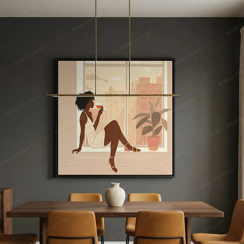 Urban Black aesthetic wall art in a moody charcoal dining room with cognac leather chairs and a brass pendant light