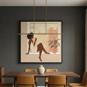 Urban Black aesthetic wall art in a moody charcoal dining room with cognac leather chairs and a brass pendant light