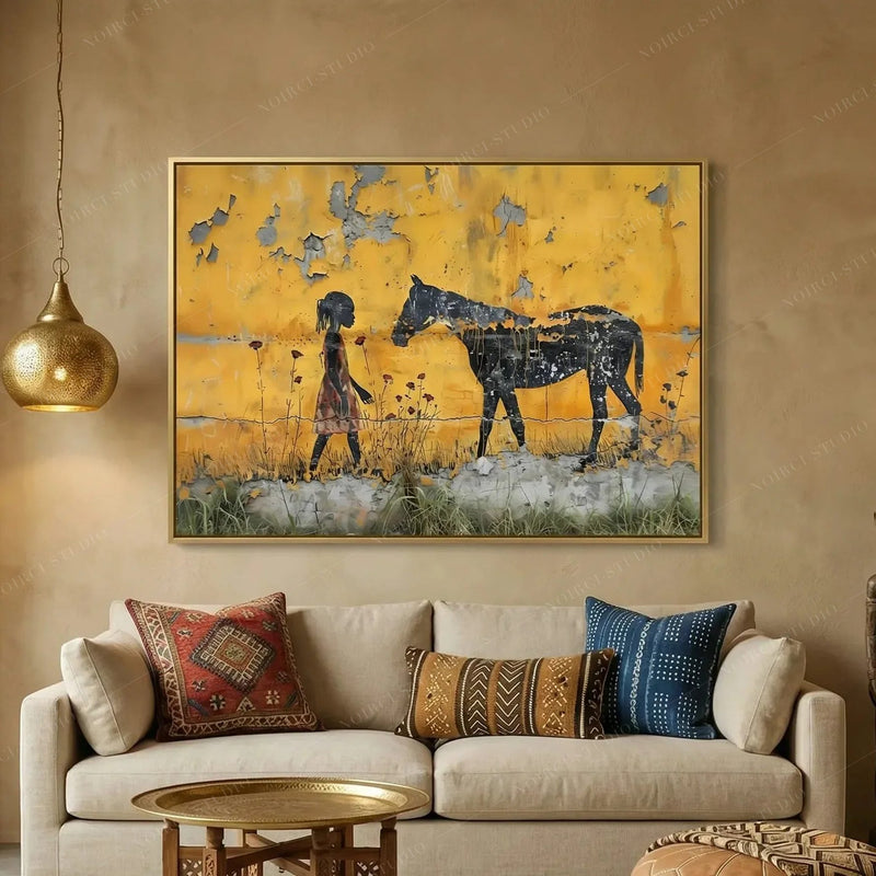 Afro bohemian decor, girl and horse canvas above a cream sofa with kilim pillows and a brass tray table