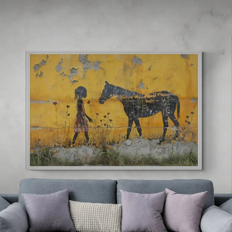 Afrohemian wall art above a gray sectional, Black girl offering a rose to a horse on a peeling yellow wall