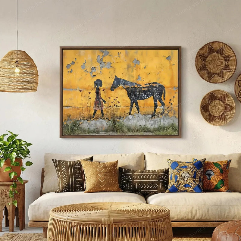 Afro bohemian living room, girl and horse art in a walnut frame above a beige sofa with mudcloth pillows