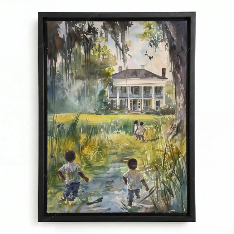 Lowcountry watercolor in a black floating frame, Black children crossing a creek toward a historic white house
