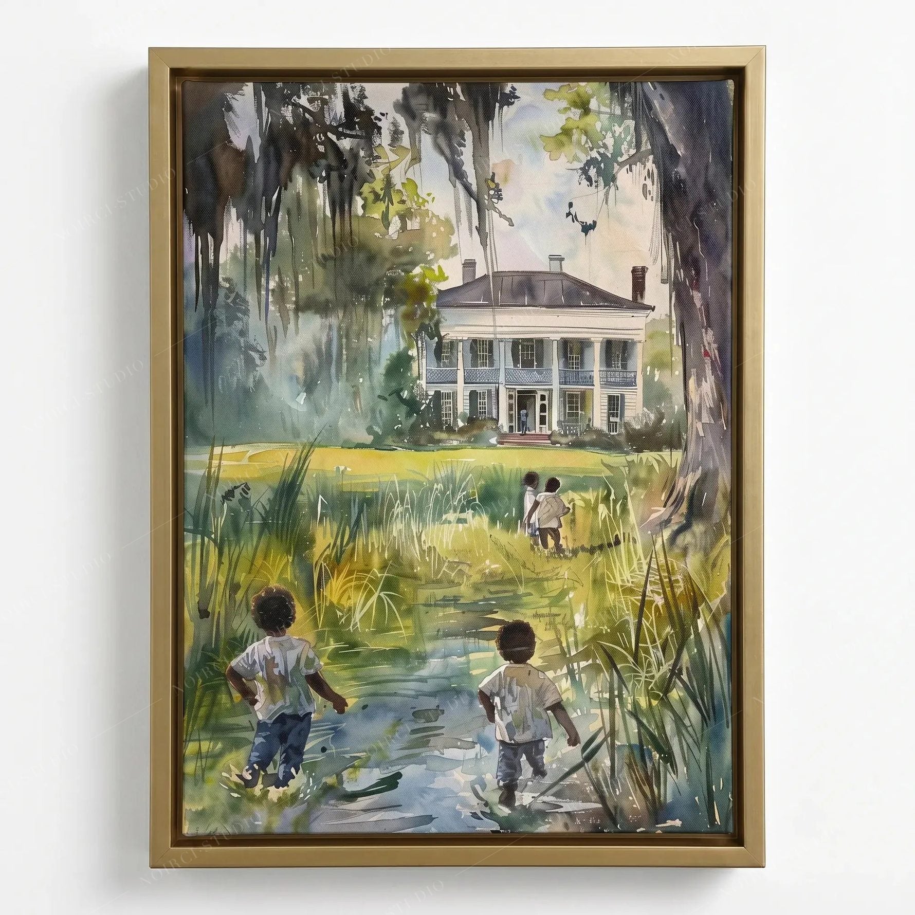 Southern heritage watercolor in a gold floating frame, children wading a creek toward a grand white house
