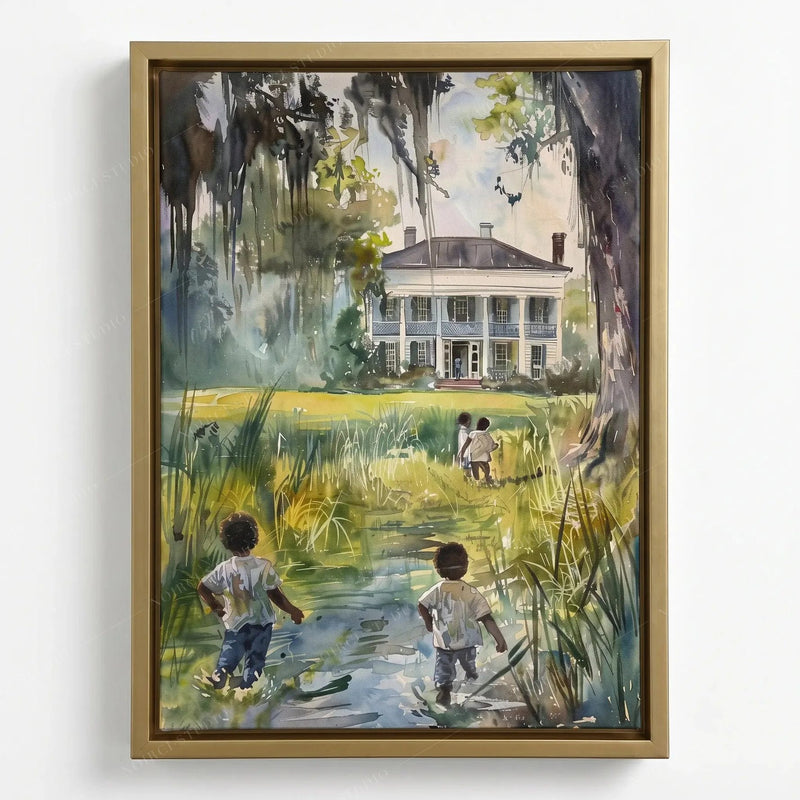 Southern heritage watercolor in a gold floating frame, children wading a creek toward a grand white house