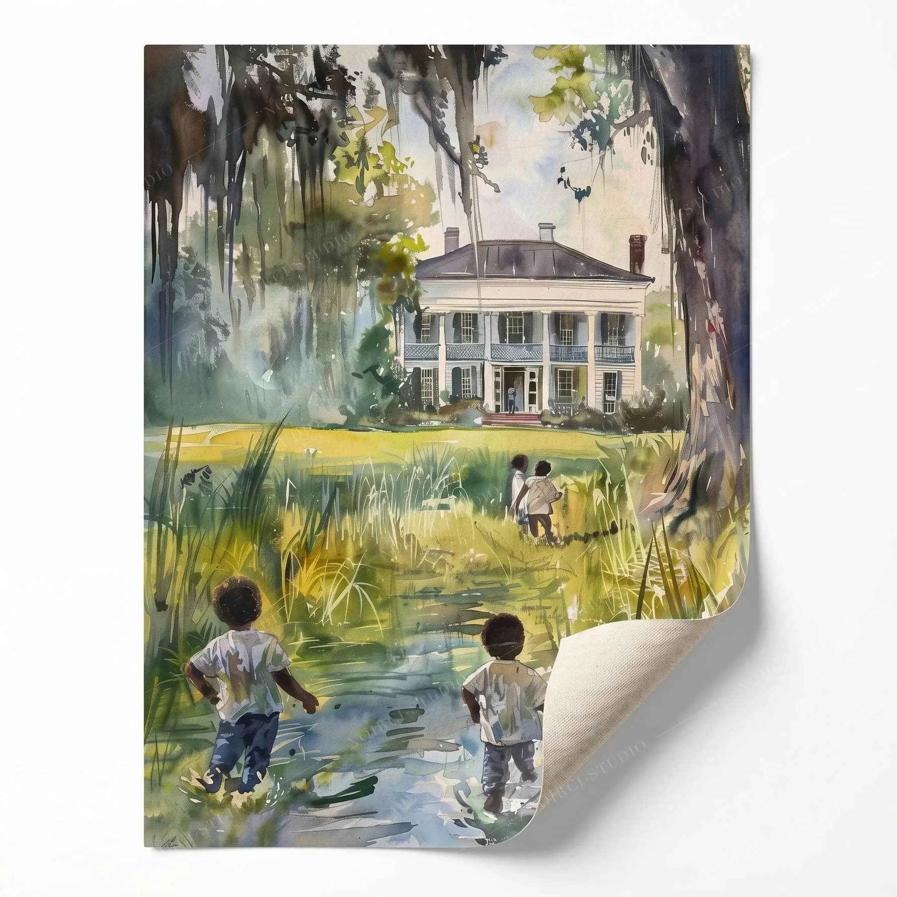 Rolled canvas print of a lowcountry homecoming scene, curled corner showing, ready for custom framing