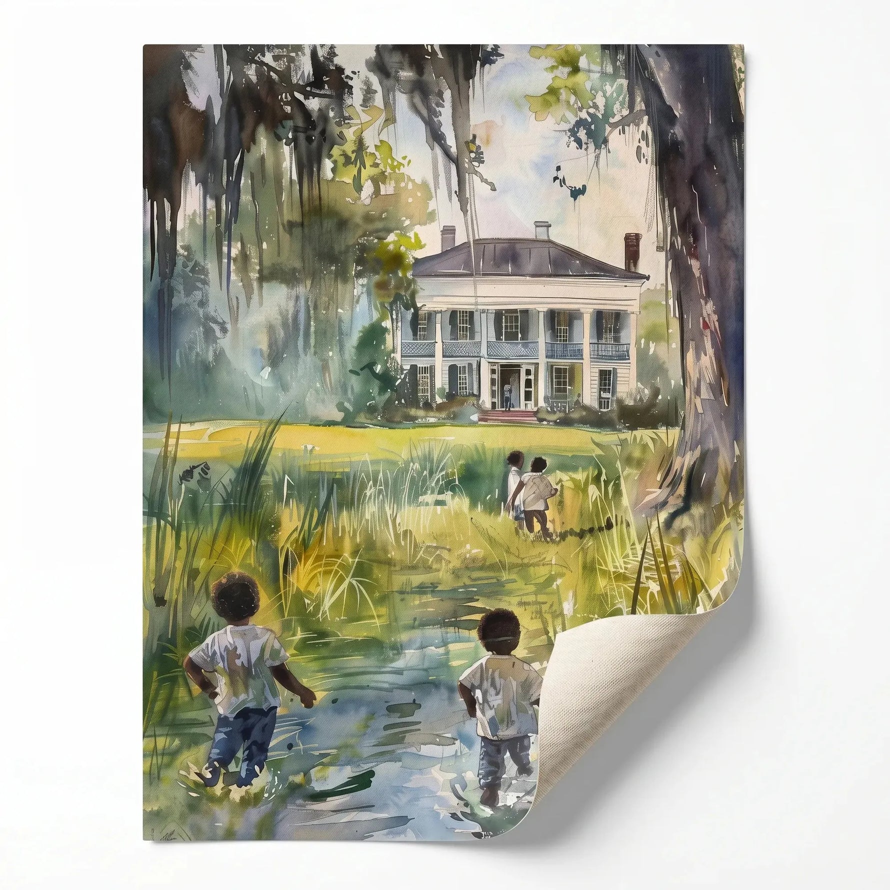 Rolled canvas print of a lowcountry homecoming scene, curled corner showing, ready for custom framing