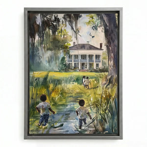 Lowcountry art in a silver floating frame, Black children in a marsh meadow beneath moss-draped oaks