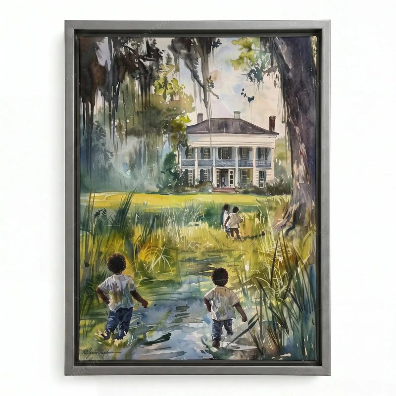 Lowcountry art in a silver floating frame, Black children in a marsh meadow beneath moss-draped oaks