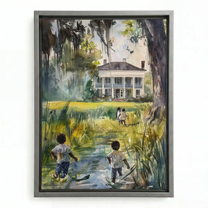 Lowcountry art in a silver floating frame, Black children in a marsh meadow beneath moss-draped oaks
