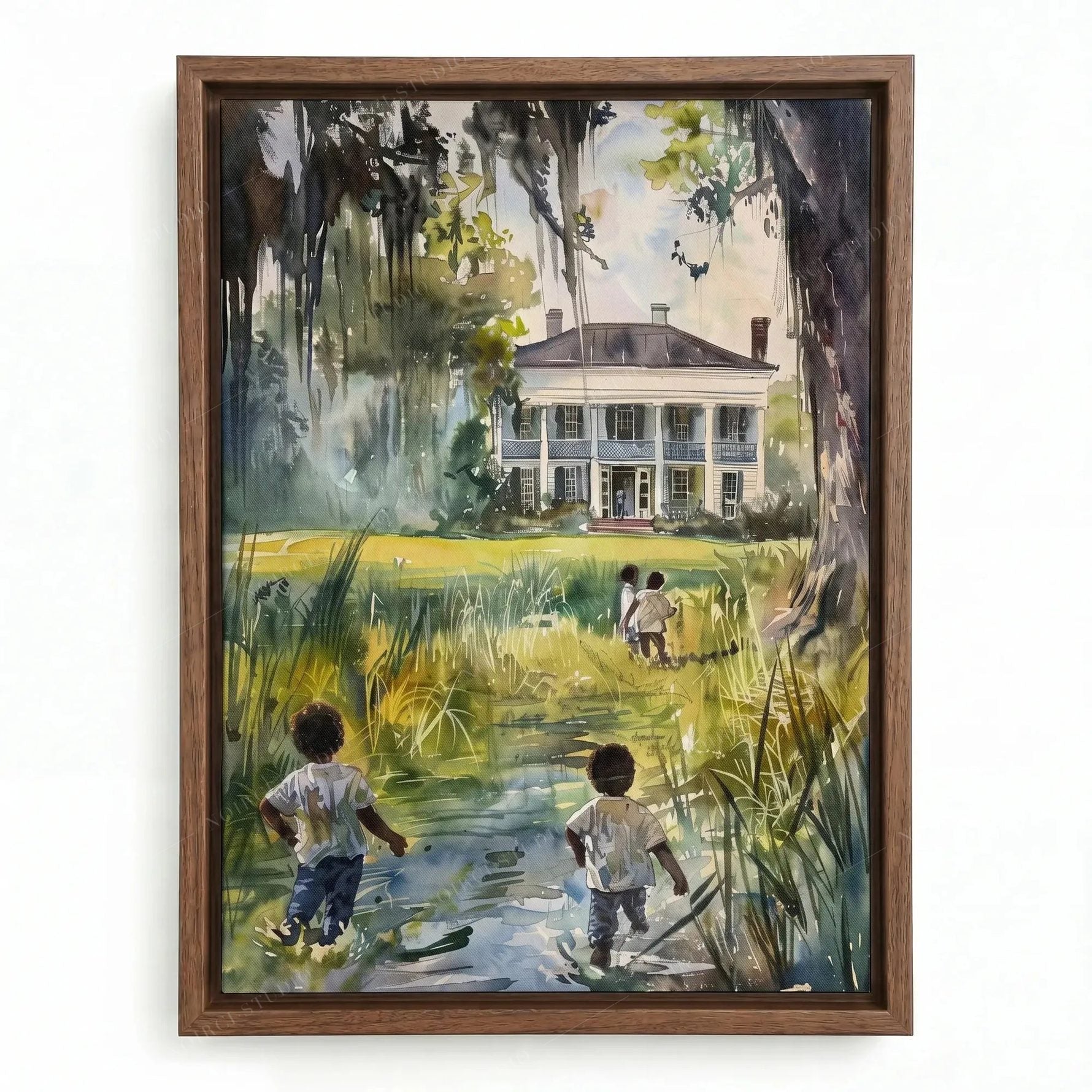 Gullah Geechee art in a walnut floating frame, children walking home through marsh grass under Spanish moss