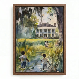 Gullah Geechee art in a walnut floating frame, children walking home through marsh grass under Spanish moss