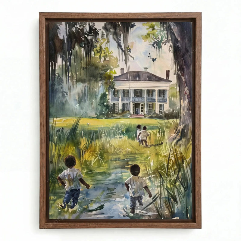Gullah Geechee art in a walnut floating frame, children walking home through marsh grass under Spanish moss