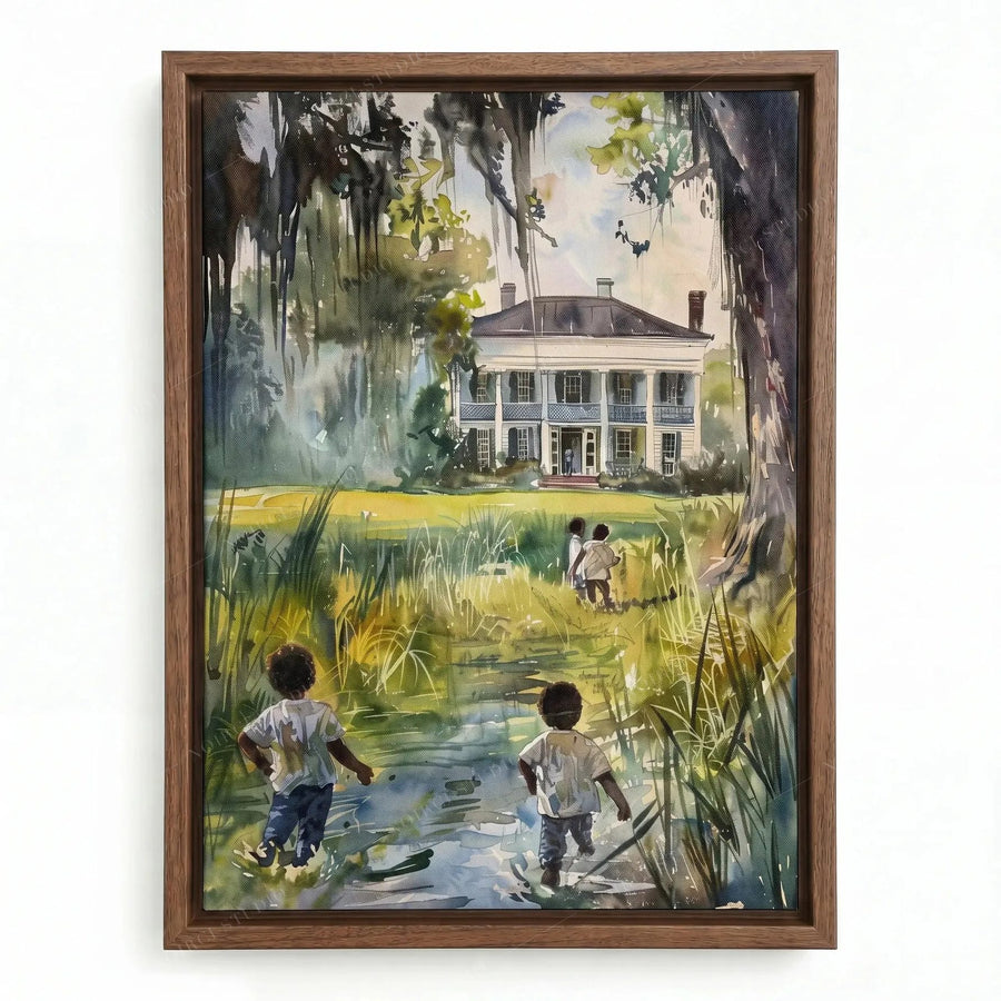 Gullah Geechee art in a walnut floating frame, children walking home through marsh grass under Spanish moss