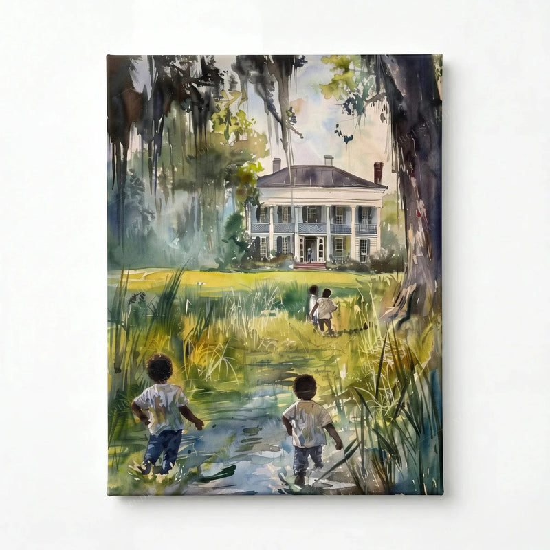 Stretched canvas of children wading toward a historic white house, gallery wrapped watercolor, ready to hang