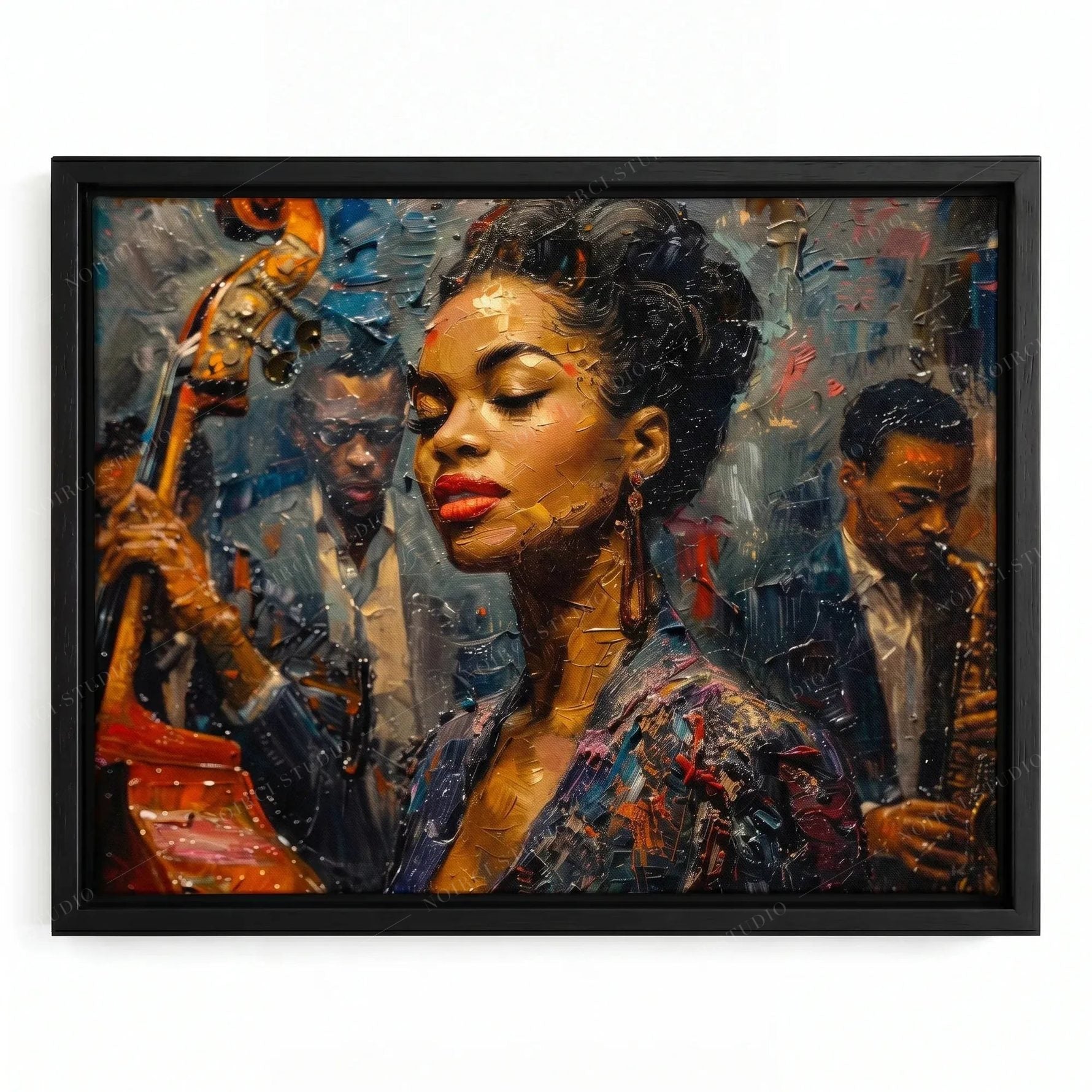 Harlem Renaissance art in a black floating frame, young jazz singer with red lips, bassist and saxophonist behind