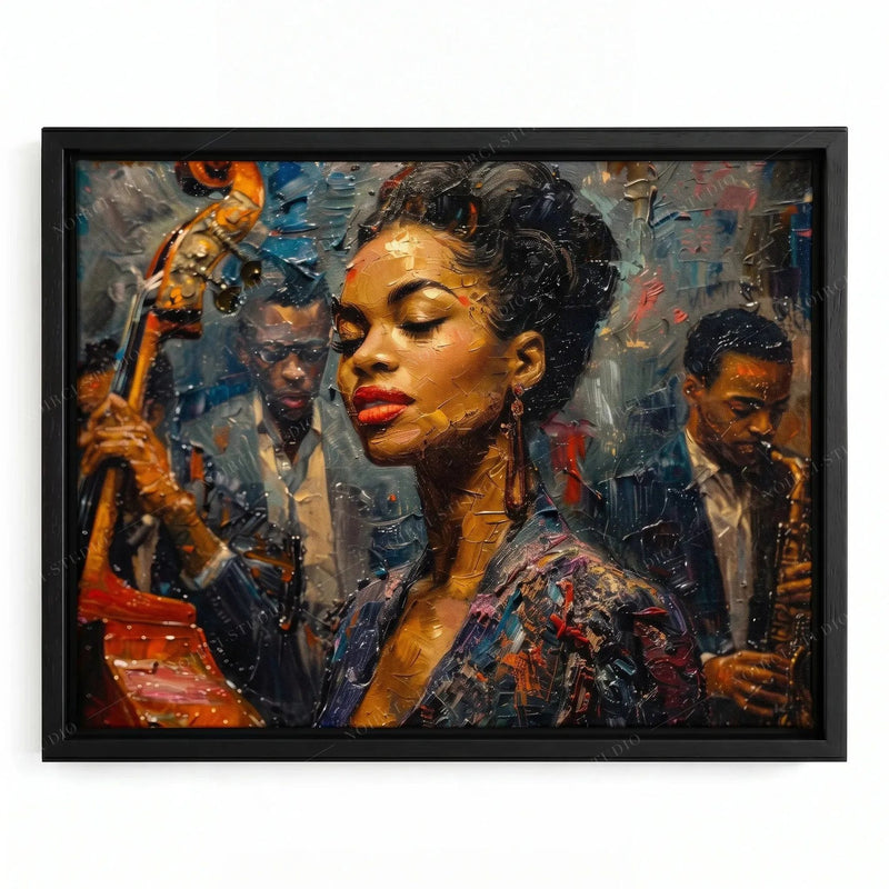 Harlem Renaissance art in a black floating frame, young jazz singer with red lips, bassist and saxophonist behind