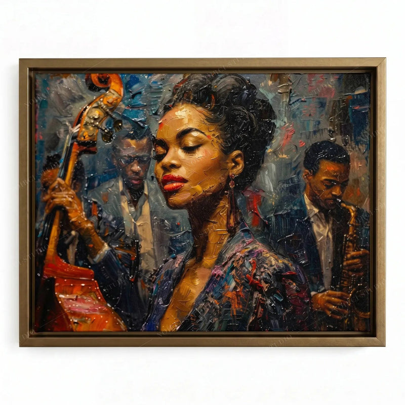 Harlem Renaissance artwork in a gold floating frame, young jazz vocalist with her band in blues and reds