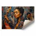 Rolled canvas print of a young jazz songstress painting, curled corner, ready for custom framing
