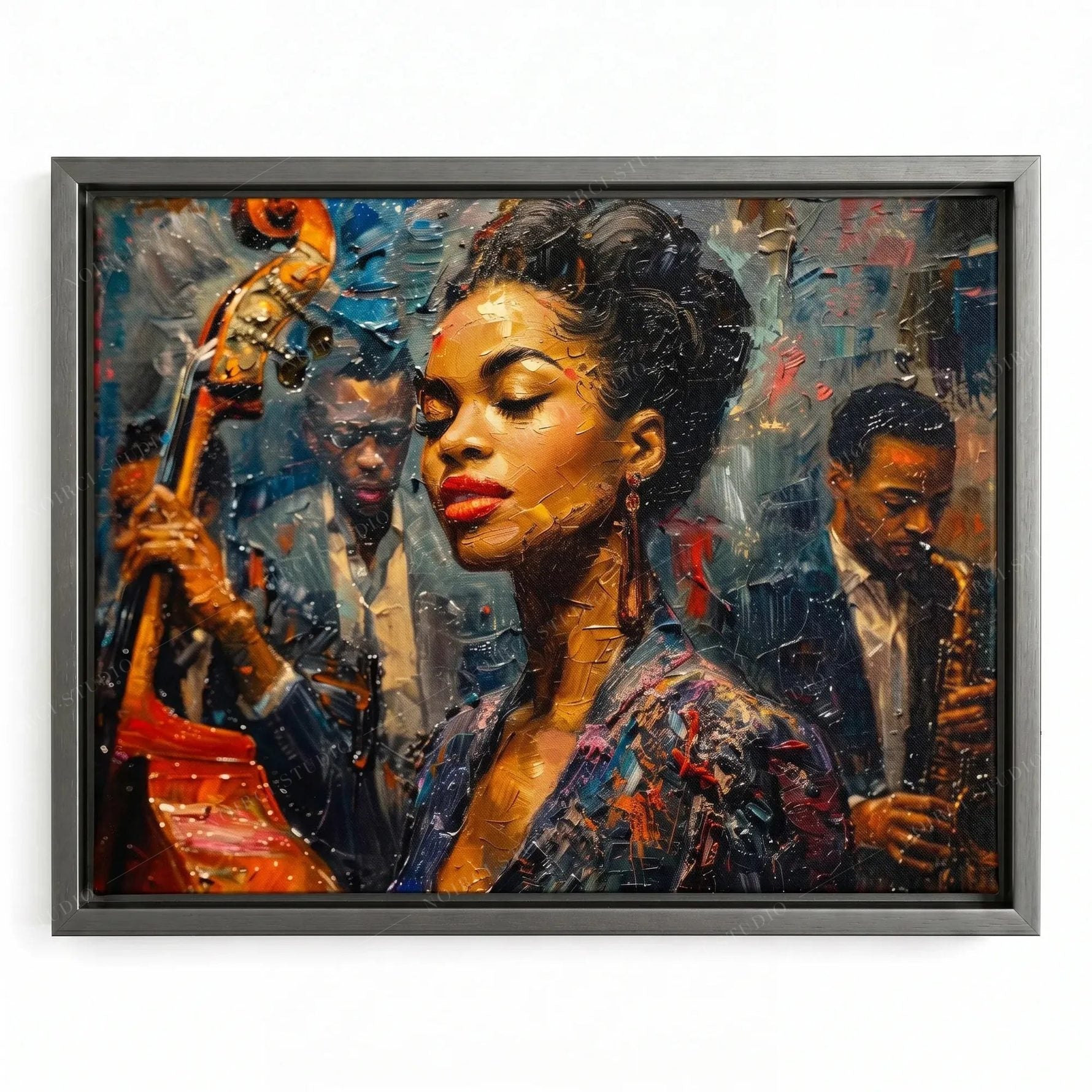 Harlem Renaissance music art in a silver floating frame, young singer with a bassist and sax player in thick paint