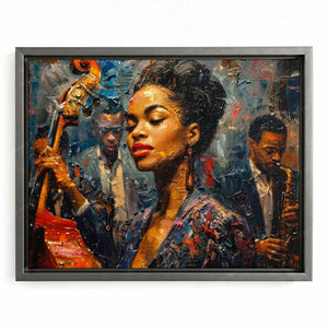 Harlem Renaissance music art in a silver floating frame, young singer with a bassist and sax player in thick paint