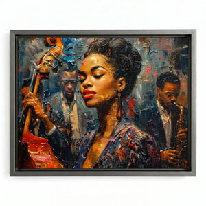 Harlem Renaissance music art in a silver floating frame, young singer with a bassist and sax player in thick paint