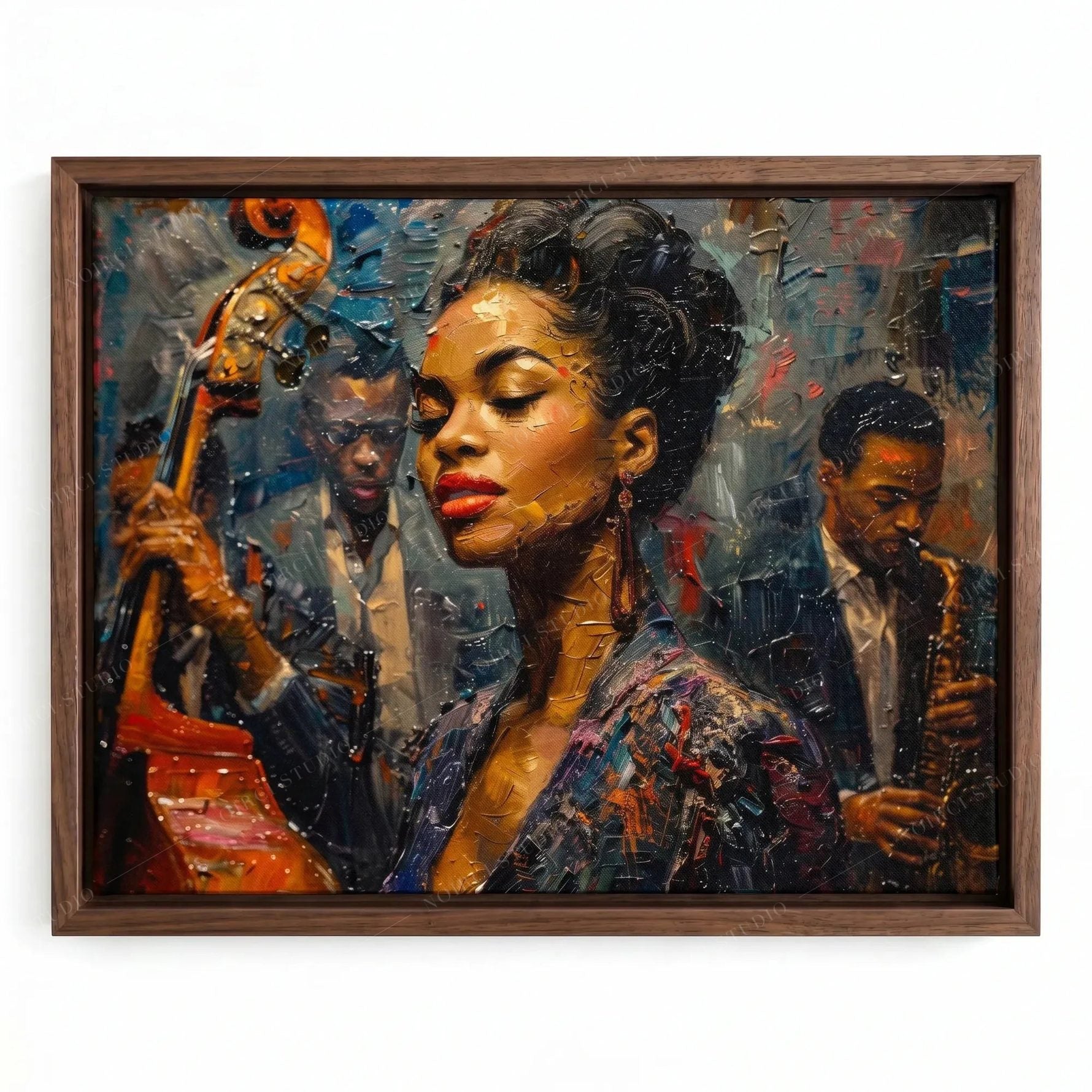 Jazz band painting in a walnut floating frame, young Black songstress with an upright bass player in textured oils