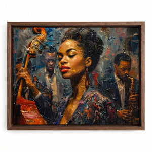 Jazz band painting in a walnut floating frame, young Black songstress with an upright bass player in textured oils