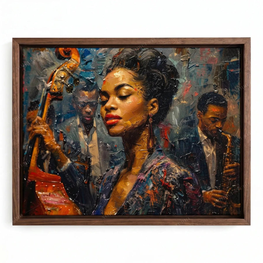 Jazz band painting in a walnut floating frame, young Black songstress with an upright bass player in textured oils