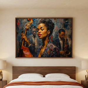 African American art for bedroom walls, jazz singer portrait above a walnut bed with white and rust bedding