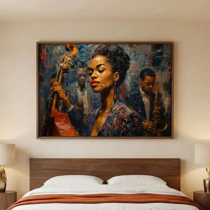 African American art for bedroom walls, jazz singer portrait above a walnut bed with white and rust bedding