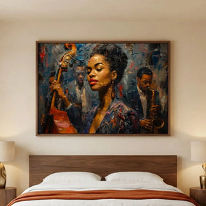 African American art for bedroom walls, jazz singer portrait above a walnut bed with white and rust bedding