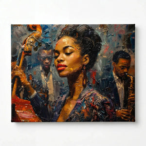 Stretched canvas of a young jazz singer with her band, gallery wrapped and ready to hang