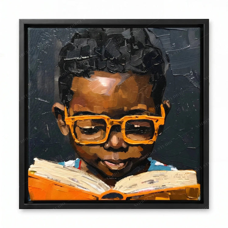 Black Boy Joy Reading canvas in a black floating frame, showing an oil painting with impasto texture