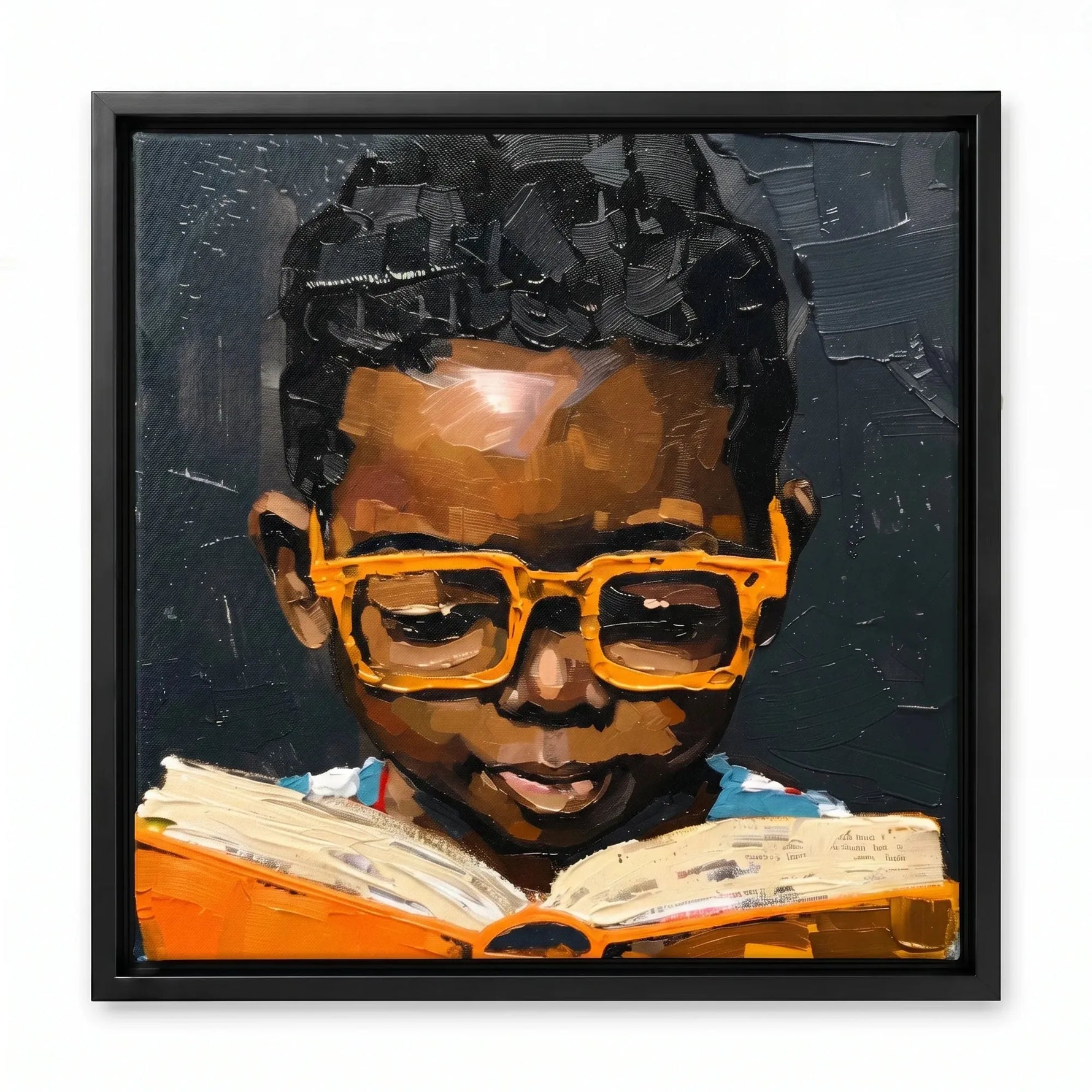 Black boy reading canvas in a black floating frame, textured oil painting of a young reader in orange glasses