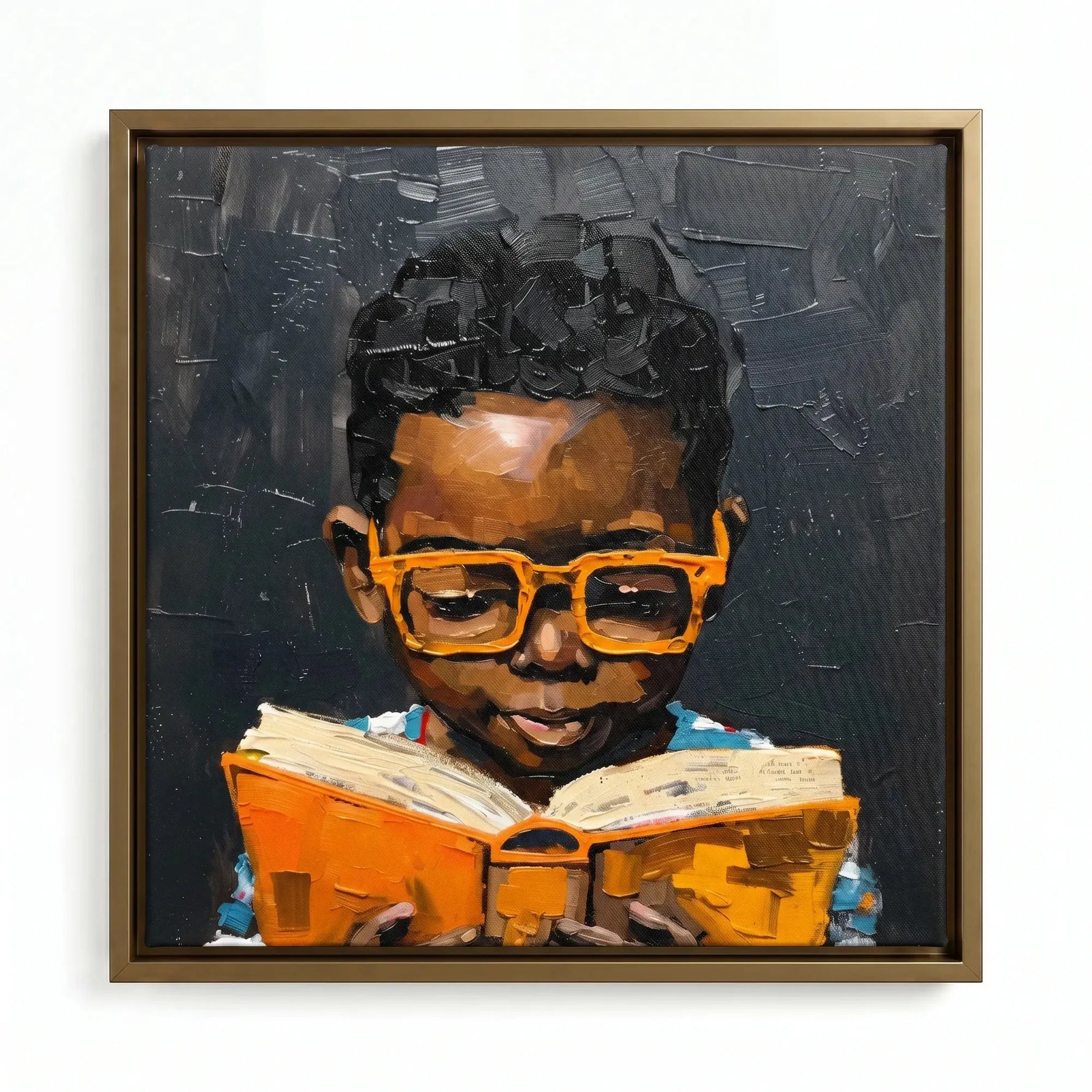 Black boy art in a gold floating frame, oil painting of a smiling young reader holding an orange book