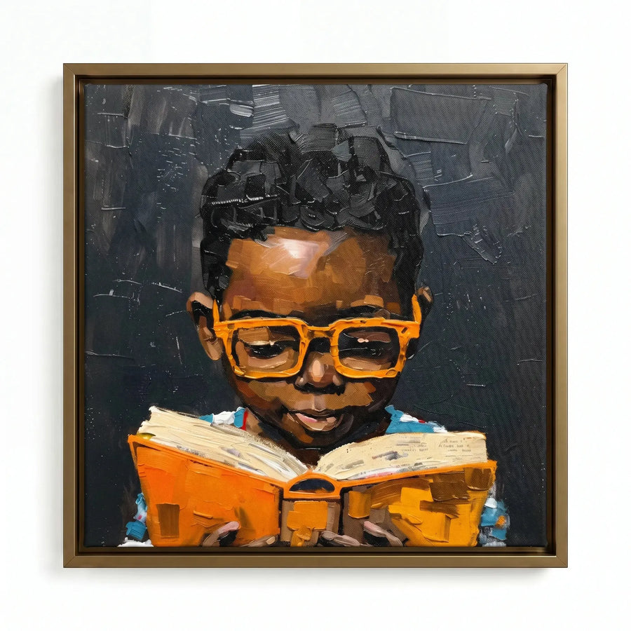 Black boy art in a gold floating frame, oil painting of a smiling young reader holding an orange book
