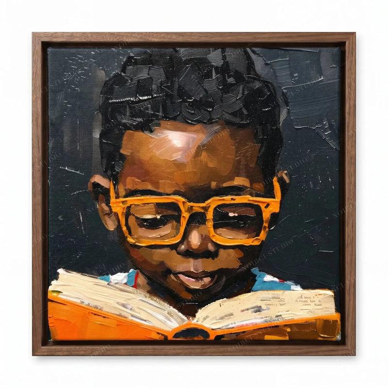 African American boy reading wall art in a walnut floating frame, showing the impasto-textured oil painting